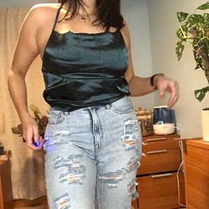 Emerald green jacquard lace up satin top